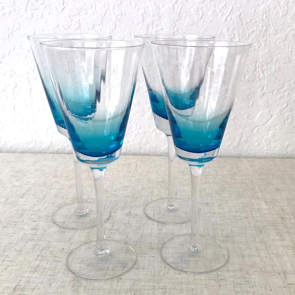 Set of 4 ice blue clear stem wine glasses